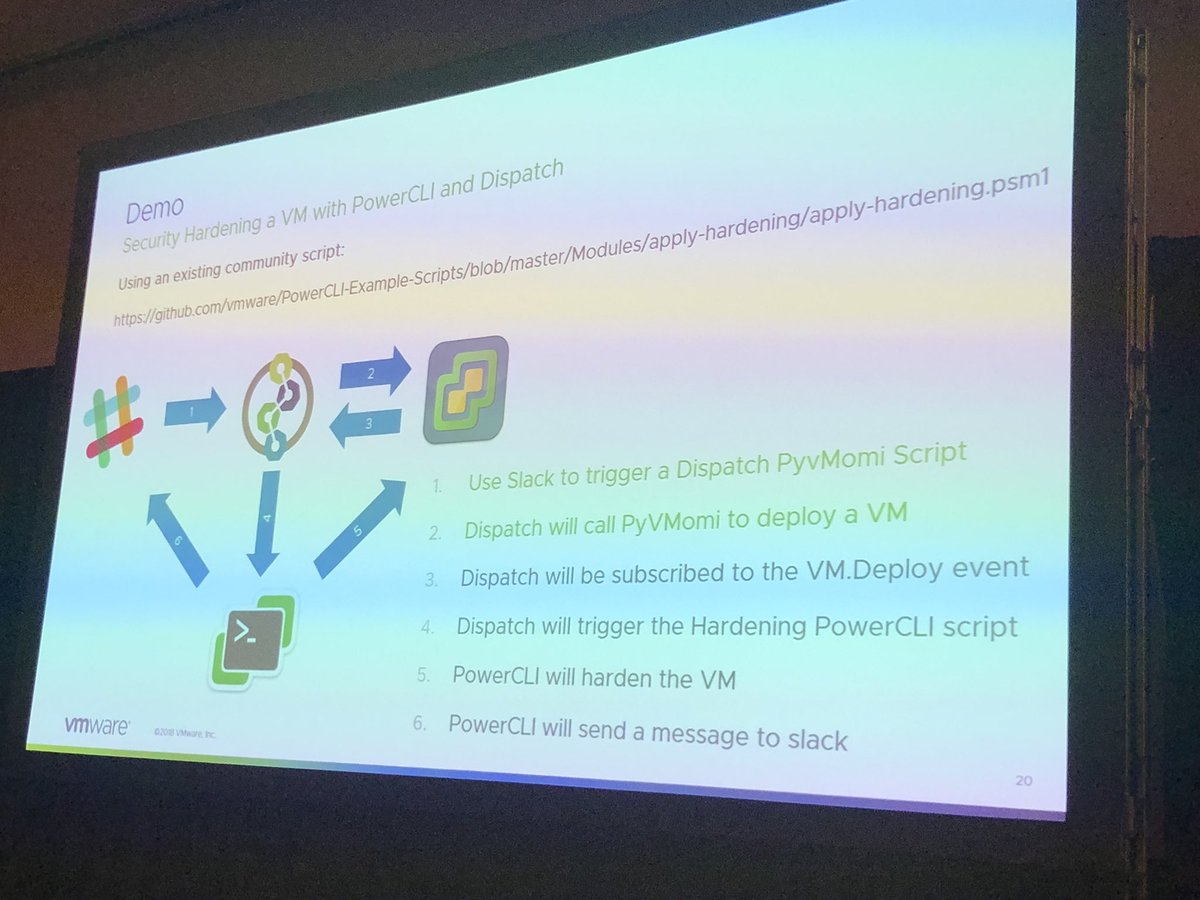 PowerCLI's tweet photo. Great demo from @berndtj and @alanrenouf showing @DispatchFW triggering a PowerCLI script to harden security of a VM after creation #VMworld https://t.co/19ZaXPsaYn