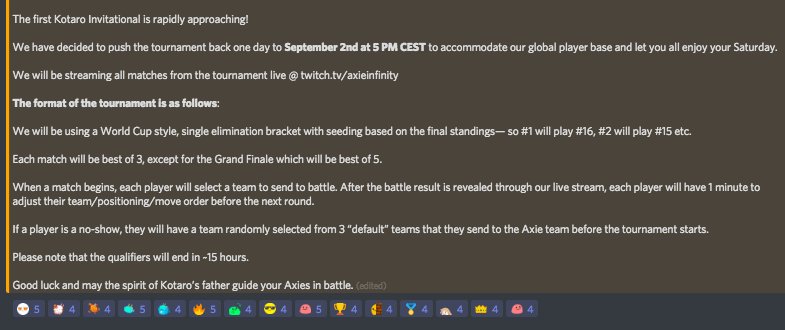 The First Kotaro Invitational is rapidly approaching!

Who will take home the grand prize and eternal glory?

Check the image below for more details or join our Discord here:  discord.gg/T2abVu6

#axieinfinity #gaming #dapps #eth #ethereum