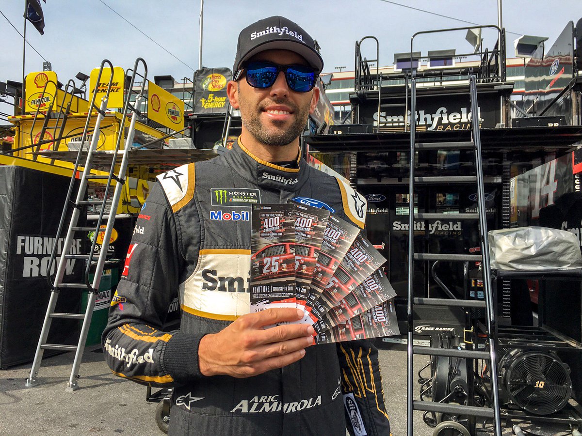 Aric Almirola (@aric_almirola) on Twitter photo Indy anyone? I've got 4 tickets to the #Brickyard400 at <a href="/IMS/">Indianapolis Motor Speedway</a> & I'd love for you to have them. Retweet & you'll automatically be entered. (Make sure you're following me!) Winner picked Thursday, Aug. 30 at 12:30p ET. Good luck! Indy anyone? I've got 4 tickets to the #Brickyard400 at <a href="/IMS/">Indianapolis Motor Speedway</a> & I'd love for you to have them. Retweet & you'll automatically be entered. (Make sure you're following me!) Winner picked Thursday, Aug. 30 at 12:30p ET. Good luck!