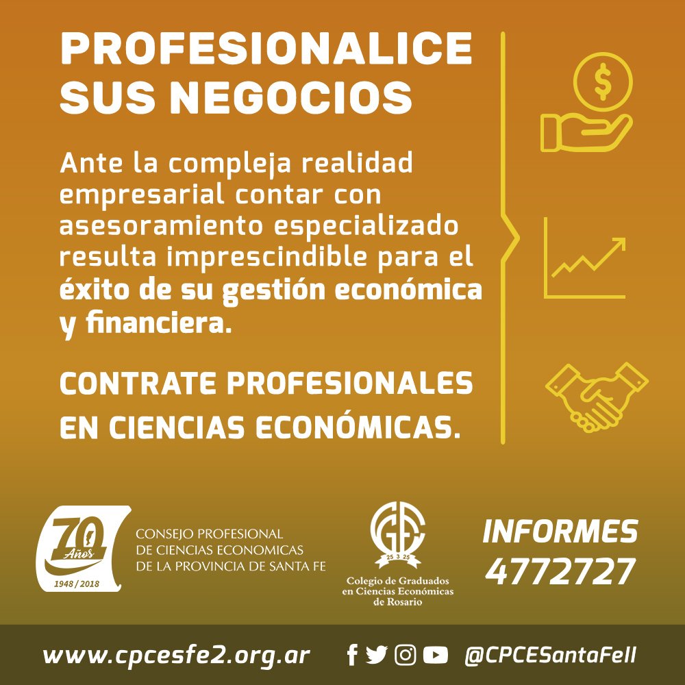 CPCESantaFeII's tweet image. #Institucional: Profesionalice sus negocios.
Contrate profesionales en Ciencias Económicas.
Informes: 📞 341 4772727
🌏 cpcesfe2.org.ar