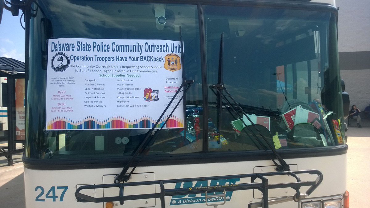 Dartfirststate's tweet photo. Just a reminder that @Dartfirststate and the @DEStatePolice 🚓 are at the Milford Walmart until 6 P.M. today. We will be at the Rehoboth Walmart tomorrow. Thank you to everyone who has participated so far 🤗🎒#OperationBACKpack #DartFirstState #DEStatePolice #NetDE https://t.co/qb0aV1FWXb