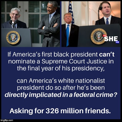 FMoniteau's tweet photo. A white nationalist president who has been directly implicated in a federal crime should not be allowed to appoint a Supreme Court Justice. 

 #BlockKavanaugh #BlockBrett #TheResistance #MAGA #Trump #FoxNews #Resist #ImpeachTrump https://t.co/PNhgjkS8j1