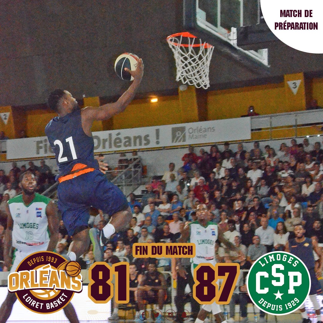 OLB45's tweet photo. 🏀FIN DU MATCH🏀

@OLB45 s'incline sur son parquet dans ce 1er match de préparation face au @limogescsp 87 à 81 !

#OLBCSP #GoOrléans https://t.co/CSQwzYQOA3