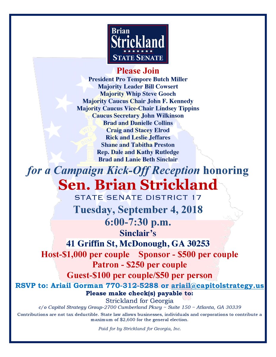 It's that time again! Join me at my Campaign Kick-Off Reception on Tuesday, September 4th, 6 pm-7:30 pm. We'll be gathering at Sinclair's Mercantile on the McDonough Square. Thank you for your continued support for my race to represent District 17 in the Georgia Senate!
