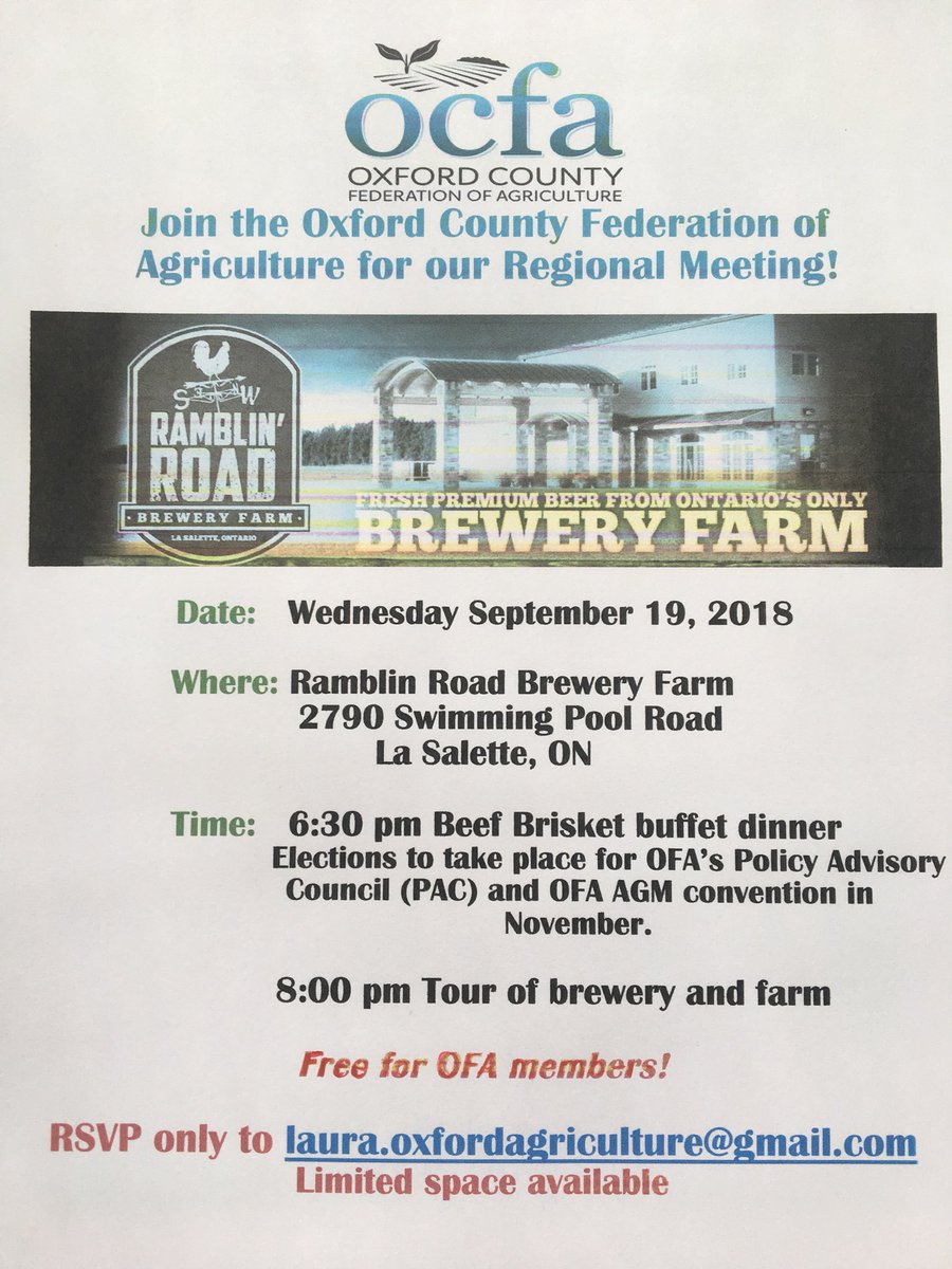 Join #oxfordcounty OFA members at our regional meeting! A brewery tour and beef brisket awaits! #ontag <a href="/RamblinRoadBeer/">Ramblin' Road Brewery Farm</a>