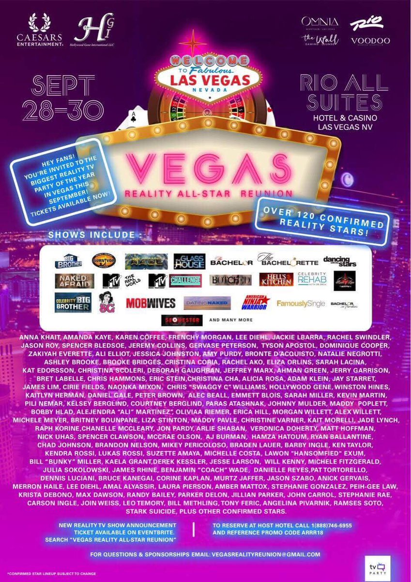 BarbyIngle's tweet photo. Join your favorite #RealtyTV personalities for a great charity event #RealityReunion w PUBLIC charity poker Tournament this Sept #Spon @CaesarsEnt
@RioVegas
@OmniaLasVegas
@thewalllounge
@tvpartyapp
@stuntmangene
Tickets: https://t.co/Hhe1VwrZmy
Hotel: https://t.co/xyh9rHYc4k https://t.co/6JGlXcPxsG