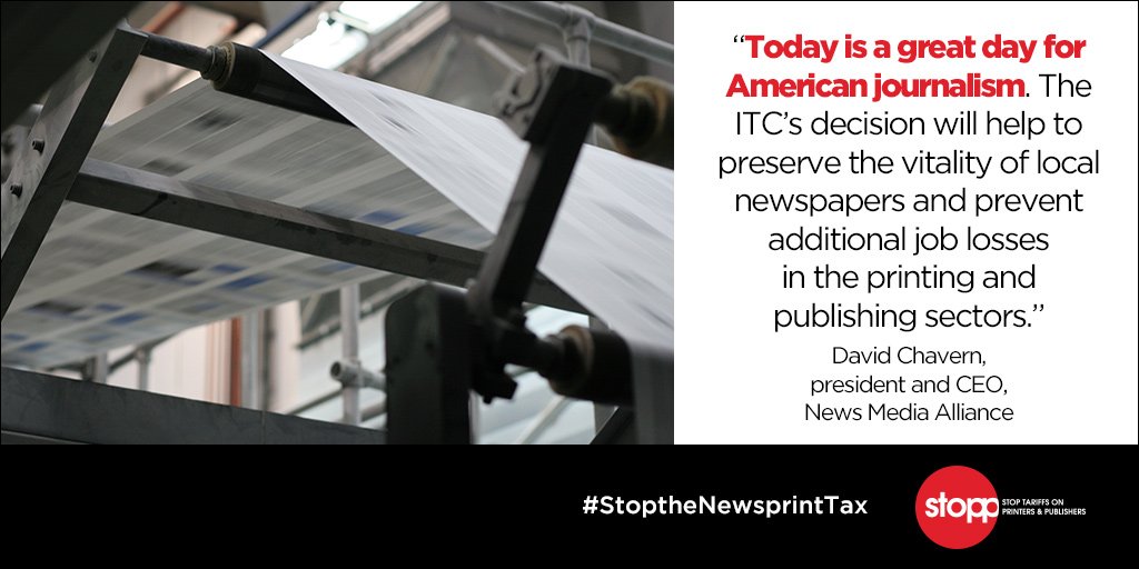 STOPPCoalition's tweet photo. ICYMI, read STOPP's full statement in response to the #USITC's decision to reverse tariffs on newsprint that were damaging our industry and threatening jobs. https://t.co/KhfyEBRWuk   #StoptheNewsprintTax https://t.co/Ia3uM0Bxmg