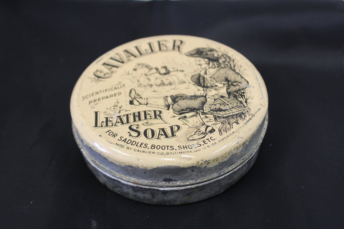 Vintage Cavalier Scientifically Prepared Leather Soap for Saddles, etc. tin. Old advertising tin made in Baltimore, MD.  #collectibletin #vintagetin #advertisingtin #vintagetin #tins #tin #saddlesoap #katieskornerantiques #lubbock #lbk #etsyshop #instacool
