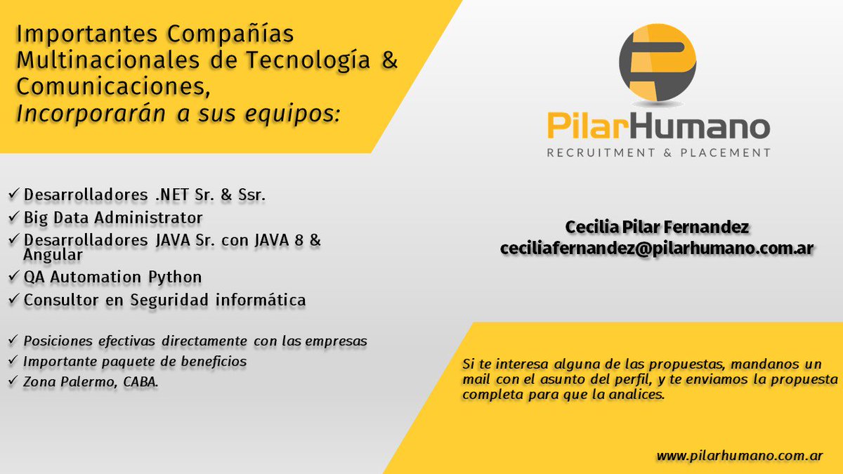 pilar_humano's tweet image. Búsquedas Profesionales IT #Desarrolladores #.NET #Development #BigDataAdministrator  #QA  #Automation  #Consultor  #SeguridadInformatica  #TrabajoAr #PilarHumano #IT