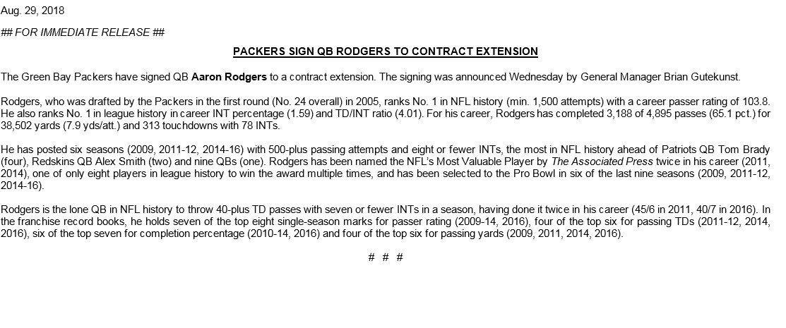 WBAY's tweet image. The official word from the #Packers on #AaronRodgers. #PackerForLife