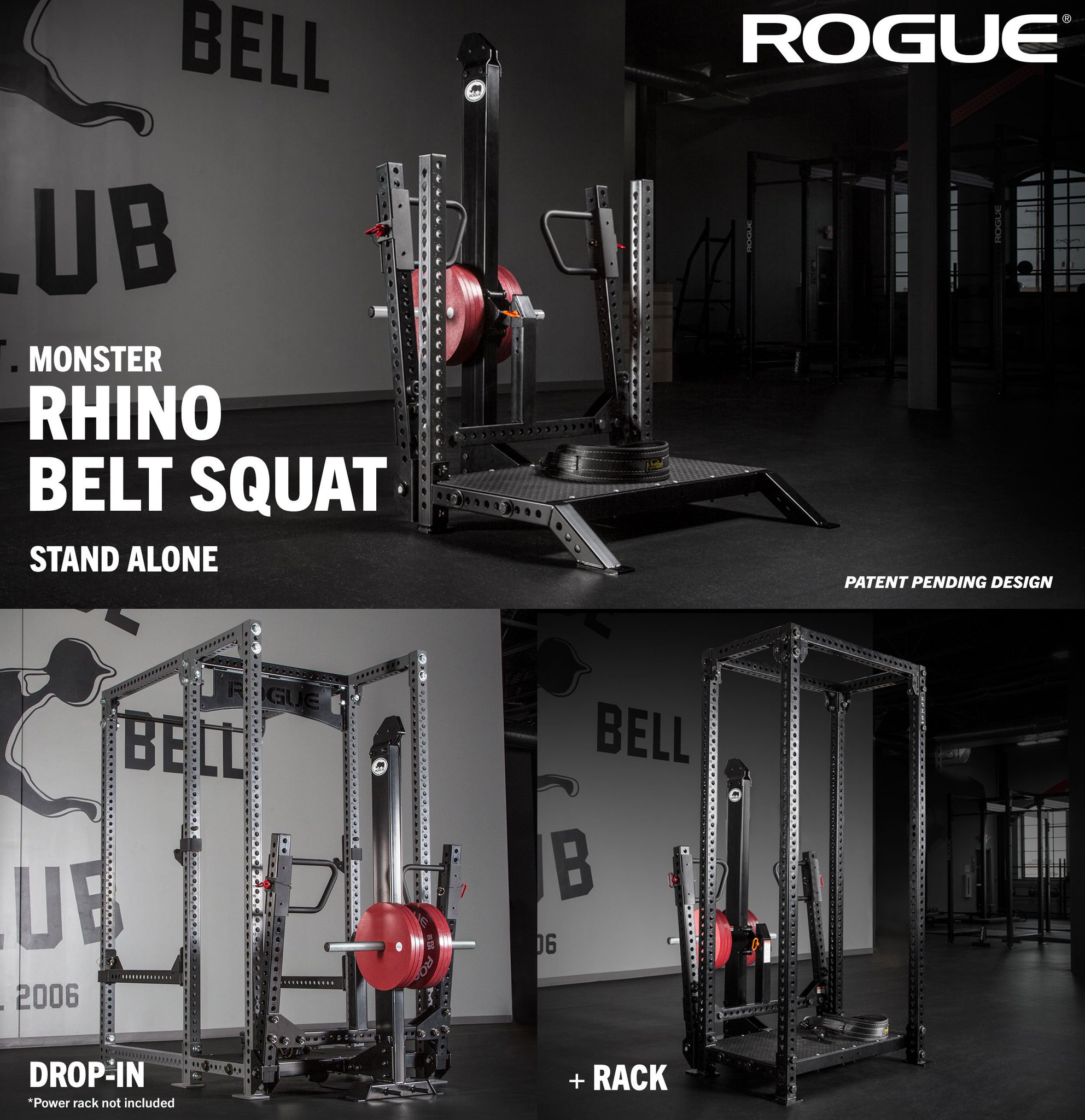 Rogue Fitness on X Introducing the patent pending Rogue Monster Rhino Belt Squat. Available in 3 versions Stand Alone Drop In and Rack Included. https t 1Cyw6tVRqv https t TZXituzMhW X