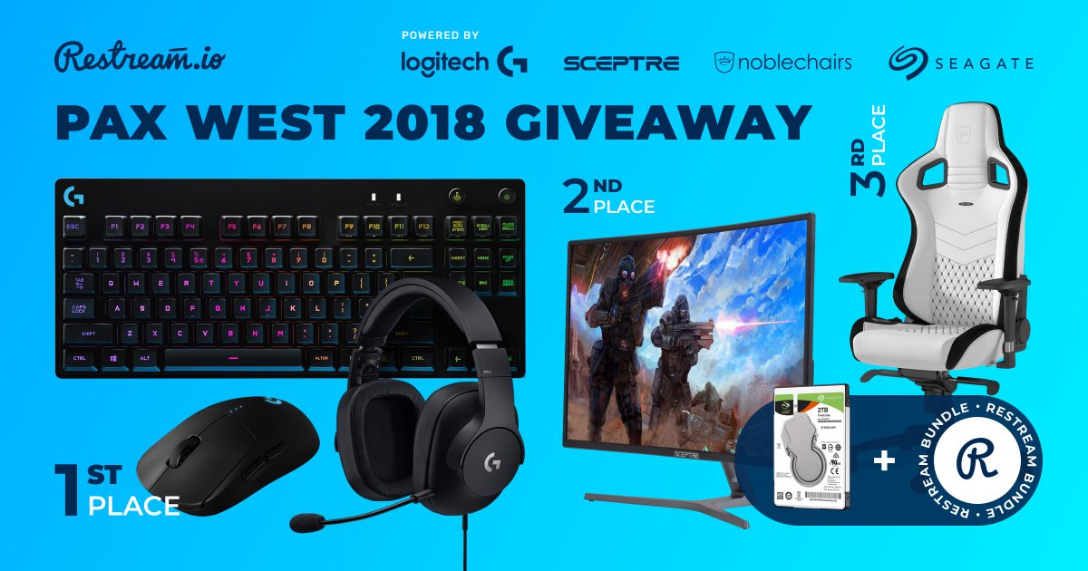 Our #PAXWest Giveaway is open! There's great mix of 1st, 2nd, + 3rd place prizes from <a href="/LogitechG/">Logitech G</a>, <a href="/SceptreDisplay/">Sceptre 🎮 🖥️</a>, + <a href="/noblechairs/">noblechairs</a>.  PLUS winners get a <a href="/Seagate/">Seagate</a> 2TB SSHD + 1 year #Restream Pro. 
-> Like + Follow
-> Share with friends 
-> Enter ow.ly/EKPl30lBJAj
