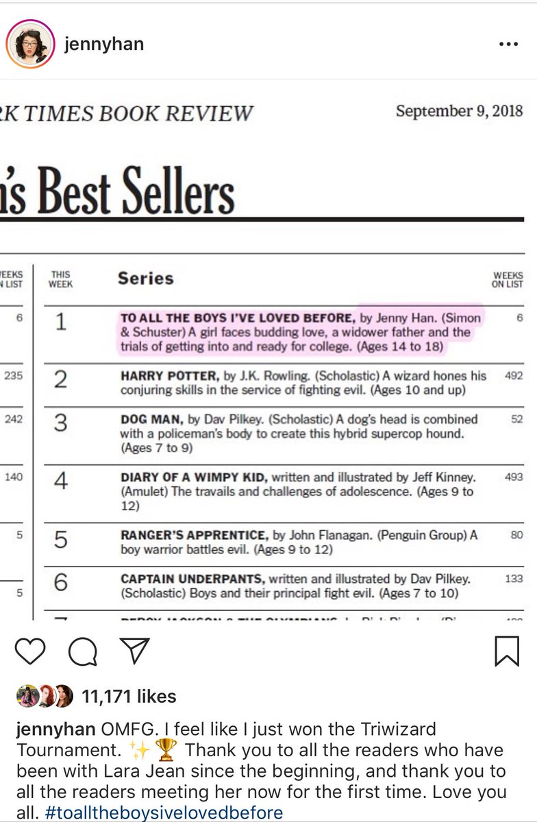 YABuzz2's tweet photo. Congratulations to @jennyhan for getting the number one spot on the #NYT bestseller list for #ToAllTheBoysIveLovedBefore 🎊🎉

#retweet #congrats #NYT #bestseller #YA #BookToMovie https://t.co/uUYtIhsU0r