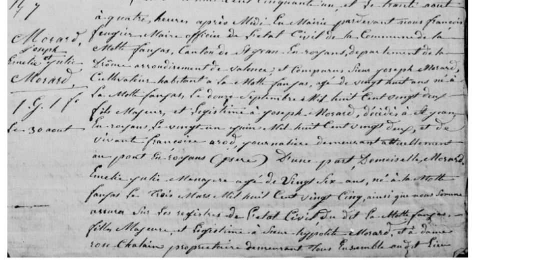 LDGenealogie's tweet photo. #1J1Collatéral #MORARD Emelie Julie se marie ce 30/08/1851 à La Motte Fanjas (26) fille de mes Sosa (110-111) Hippolyte &amp; Rose #CHATAIN, elle épouse #MORARD Joseph fils de feu Joseph et de #AROD Françoise. https://t.co/2IKQH52MCh