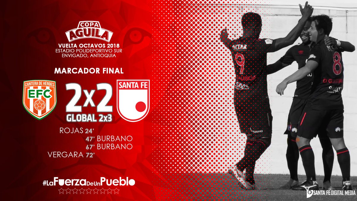 SantaFe's tweet photo. FINAAAAAAAAAAAAAAL EN ENVIGADO!!! ESTAMOS EN CUARTOS DE FINAL DE LA @CopaAguila_ #QueremosLaCopaLeón.

#ENVxSFE ⏱90+4 |2x2 g.2x3| 🇲🇨🦁

¡Somos #LaFuerzaDeUnPueblo! https://t.co/V3YFHjTySA