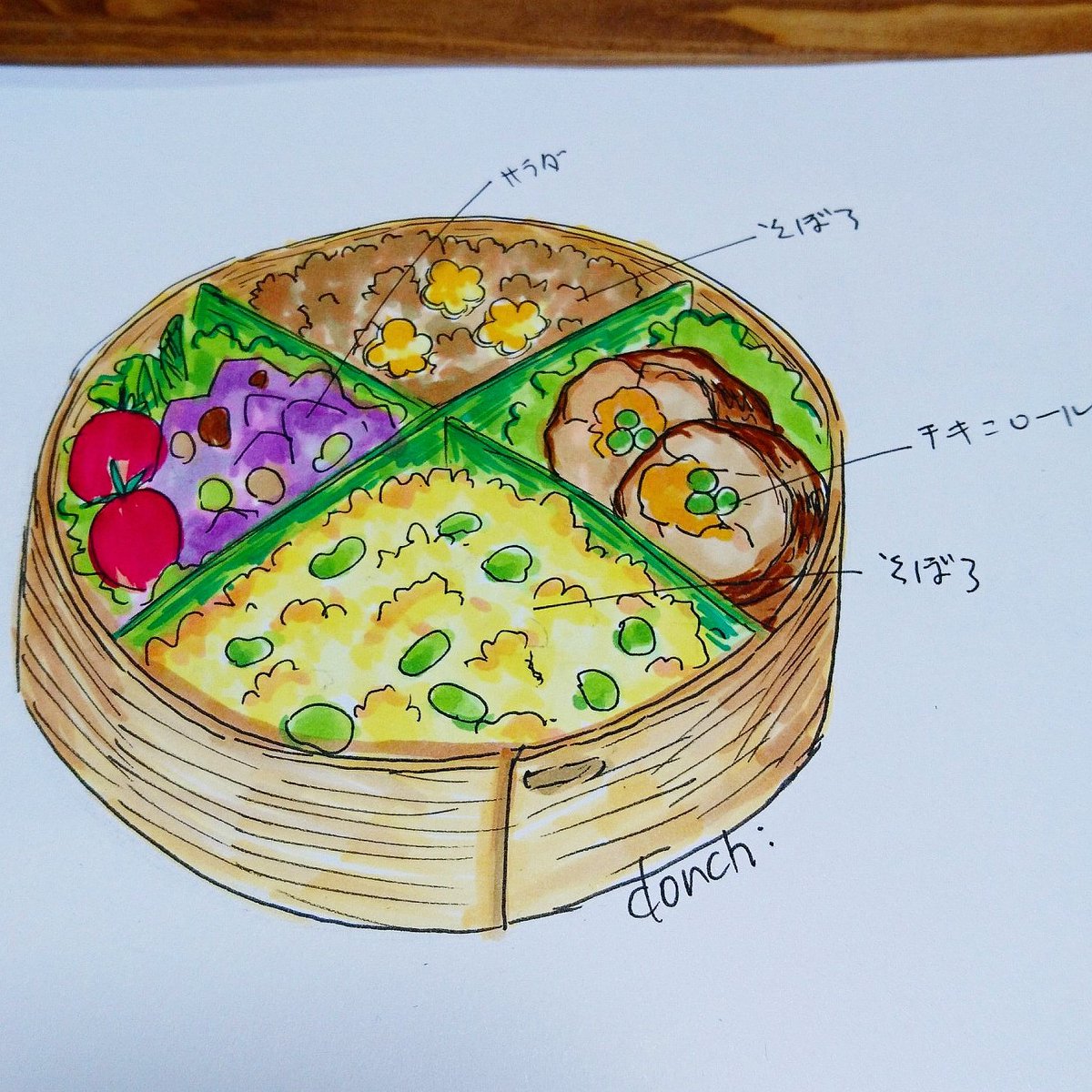 どんち V Twitter 今日のお弁当 お弁当 そぼろ弁当 わっぱ弁当 ランチ おはようございます 今日は炒り卵と葱味噌肉そぼろご飯 チキンロール シャドークイーン 紫じゃがいも とお豆のサラダ 前日に描いたお弁当設計図もペタり イラスト お絵描き