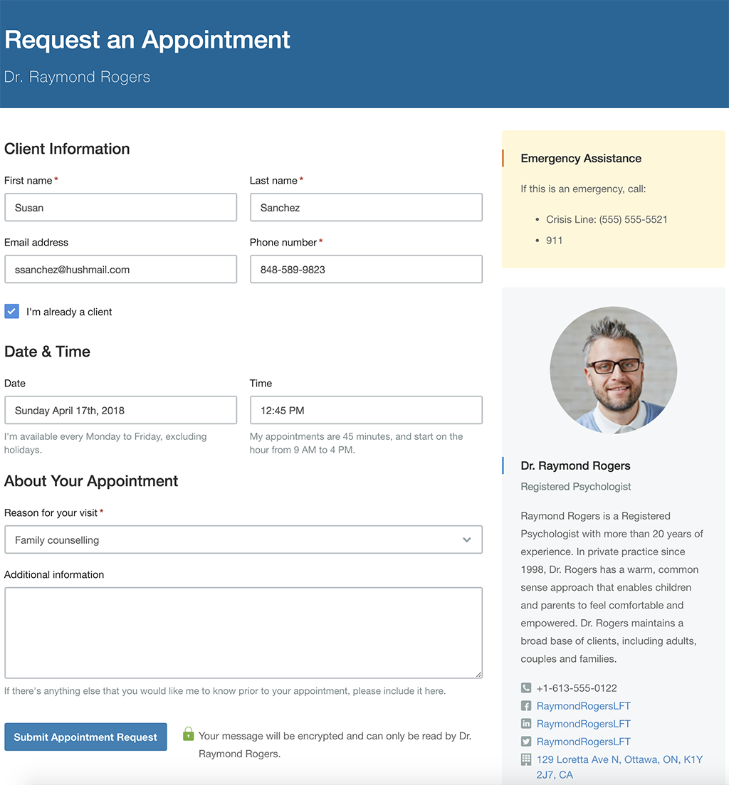 hushmail's tweet photo. How do your clients request an appointment? Our appointment request form can be linked to your website for a seamless and secure way for your clients to book appointments. Try it today: https://t.co/in5dAopjiK
#appointmentrequest #forms #secureforms #hipaa #EForms #customforms https://t.co/xbfiNFQtbB