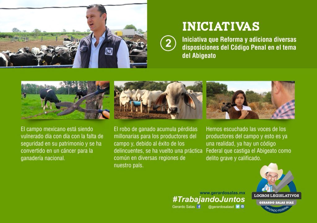 Nuestro trabajo legislativo rindió frutos y ahora nuestros ganaderos están protegidos por una Ley Federal que castiga el abigeato, el robo de ganado, como delito grave. #TrabajandoJuntos #GerardoSalastuDiputado