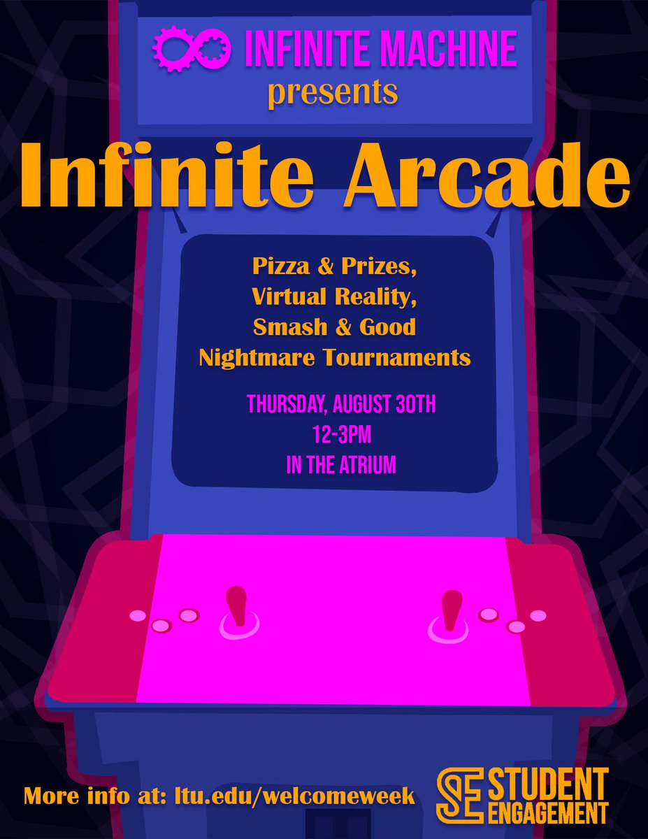 BlueFromLTU's tweet image. Infinite Machine&apos;s Infinite Arcade will be up in the Atrium tomorrow from 12-3pm! Check out some student made and classic arcade games to earn prizes or play a tournament to win a gaming headset, among other large prizes. 👀👀
#ltuwelcomeweek #infinitemachine