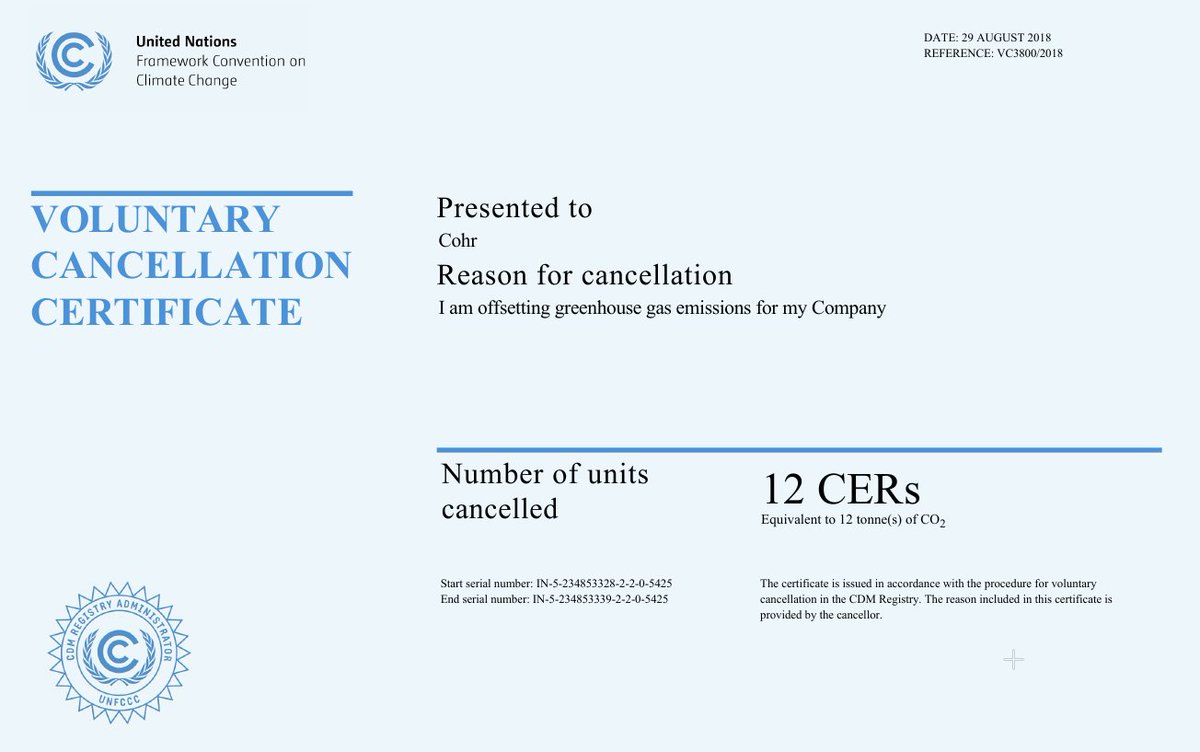 Running servers and transmitting data across the internet produces CO2 emissions. No need to worry, Cohr's infrastructure is carbon neutral. For our second year, 2018/19, we've bought <a href="/UNFCCC/">UN Climate Change</a> CERs (offset.climateneutralnow.org) to offset emissions related to our operations. 🌲
