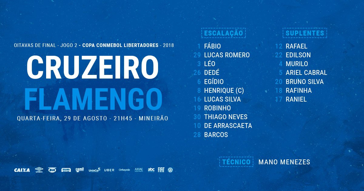Veja a escalação do Cruzeiro para a partida contra o Flamengo