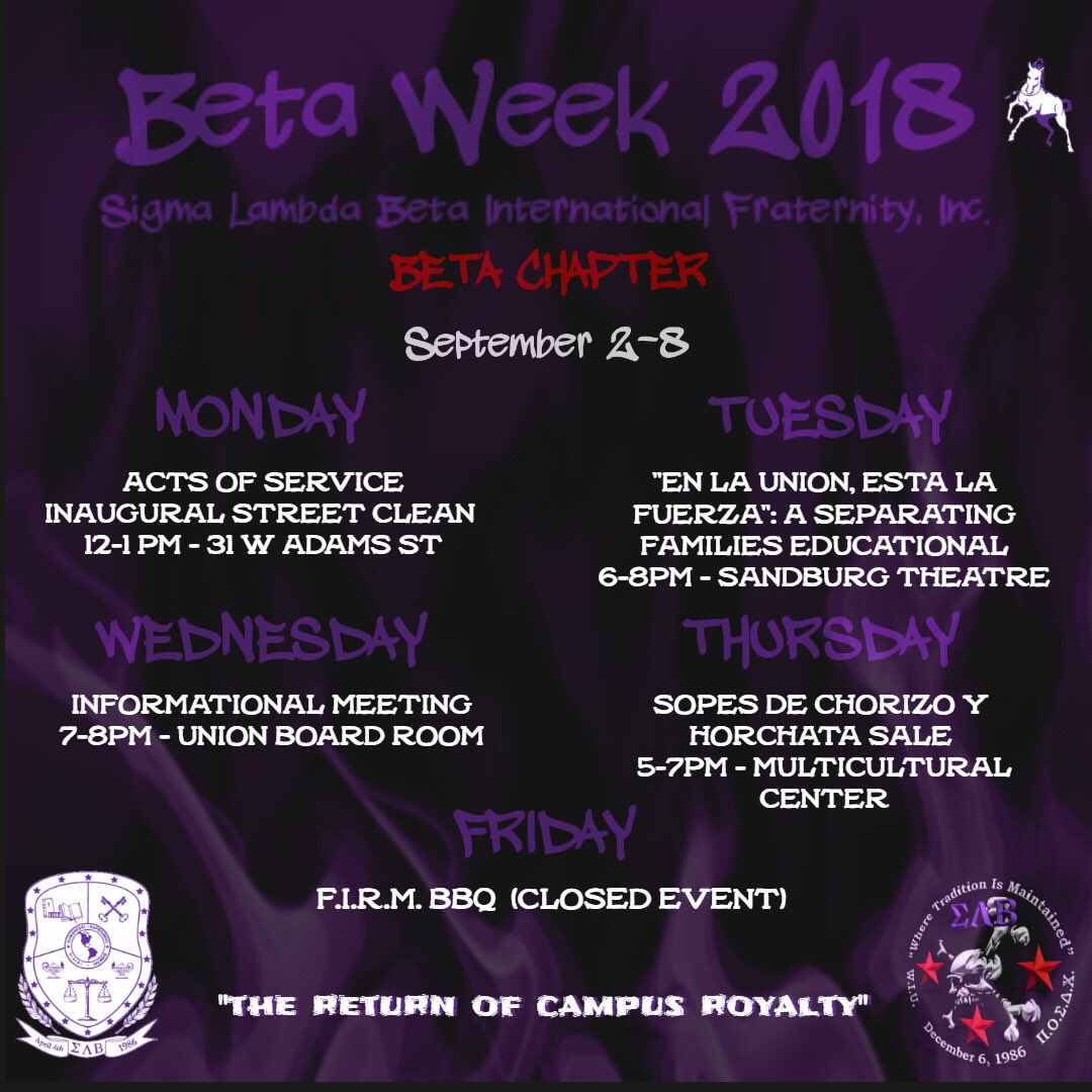 Please join us in celebrating our Beta Week this Fall starting on Monday! Check out our events and meet the Brothers of Sigma Lambda Beta! This is just the start of all the events we have planned, so stay tuned!! 👀🅱️☠️😈
#SLB #BetaChapter #1986 #wiu19 #wiu20 #wiu21 #wiu22