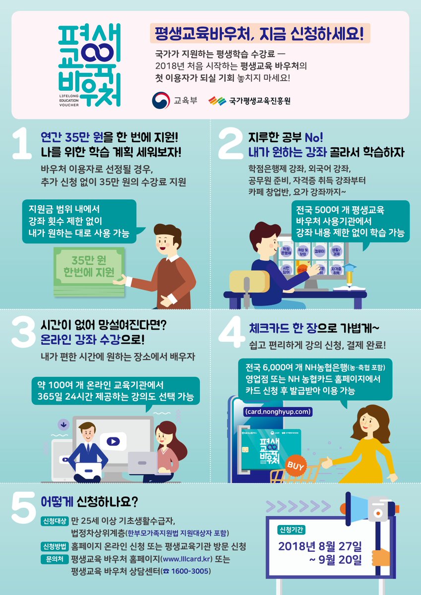 #성남시 #정보통신과

평생교육 바우처 3차 신청접수가 시작되었습니다.
○ 접수기간 : 2018. 8. 27.(월) ~ 9. 20.(목)
○ 지원대상 : 만 25세이상 성인 중 기초생활수급자, 법정차상위계층

자세한 내용은 평생교육바우처 홈페이지(lllcard.kr)을 참고하세요!