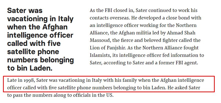 50) After Sater was located by FBI, he turned himself in without a fight. Always on the hustle, Felix had just obtained his TRUMP CARD from an Afghan intelligence officer: 5 sat-phone numbers belonging to Bin Laden that he would use to help broker a deal. https://www.buzzfeednews.com/article/anthonycormier/felix-sater-trump-russia-undercover-us-spy
