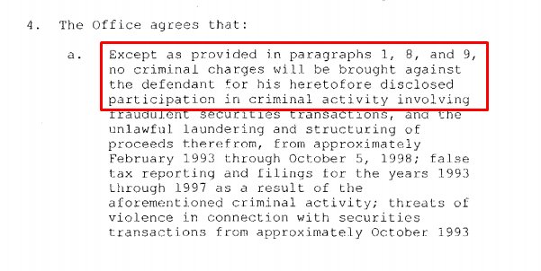 52) In lieu of Sater’s deal, FBI agreed to drop all heretofore disclosed crimes in exchange for a single RICO charge. FBI also agreed to defer sentencing for a period of 10 years during Sater’s “cooperation”, after which a reduced sentence would be possible, but not guaranteed.