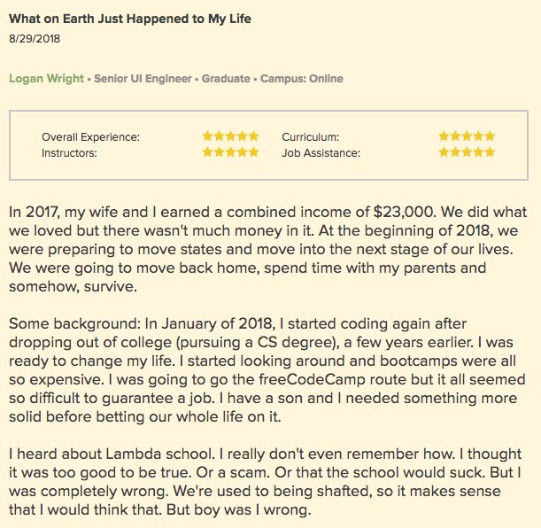 Austen's tweet image. Trying really hard to hold it together reading Lambda School&apos;s most recent review