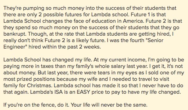 Austen's tweet image. Trying really hard to hold it together reading Lambda School&apos;s most recent review