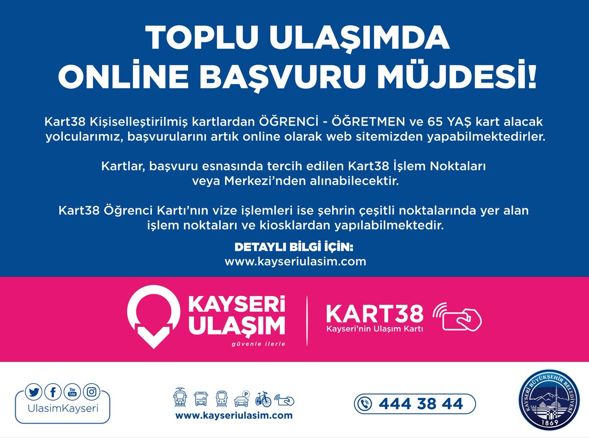 kayseri ulasim a s on twitter online basvuru mujdesi indirimli kart38 basvurulari artik online olarak yapilabiliyor ogrenci ogretmen ve 65 yas kart tiplerine web sitemiz uzerinden basvuru yapabilirsiniz online basvuru linki