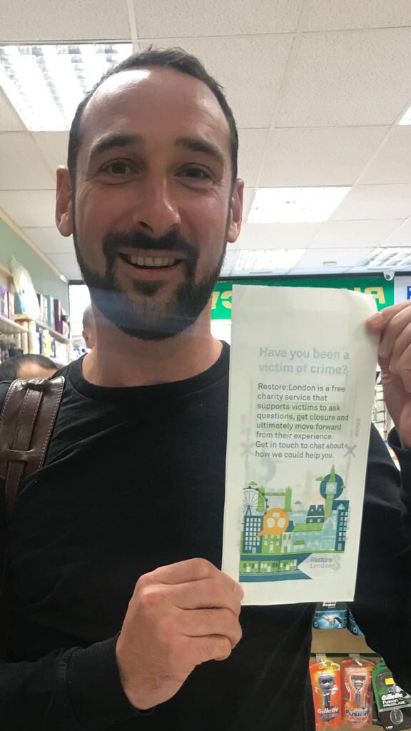 Restore_London's tweet photo. Service Delivery Manager Daniel Palmer just came across one of our Pharmacy bags in Holborn!#restorelondon #restorativejustice https://t.co/UI26BB7Xow
