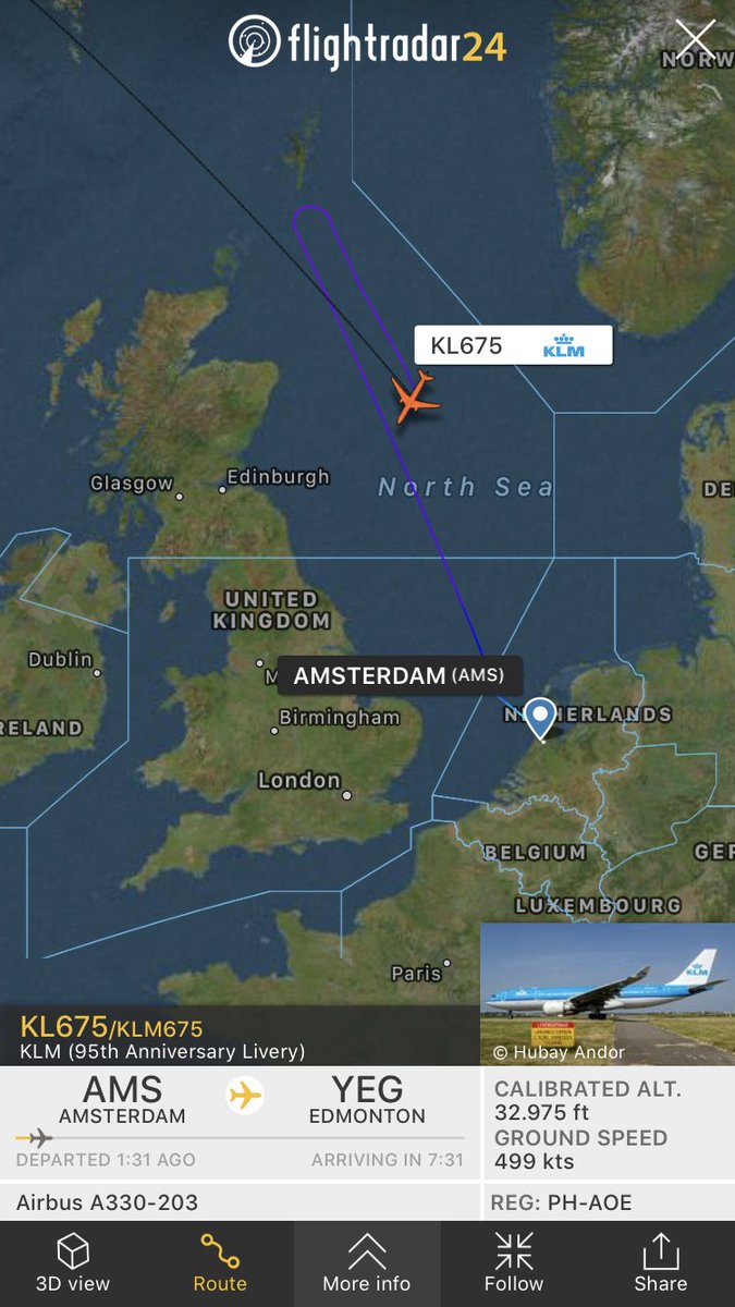 FlightIntl's tweet photo. KLM flight #KL675 from Amsterdam to Edmonton is returning to Amsterdam https://t.co/BNEFxmz8ux https://t.co/UXvKD1CchU