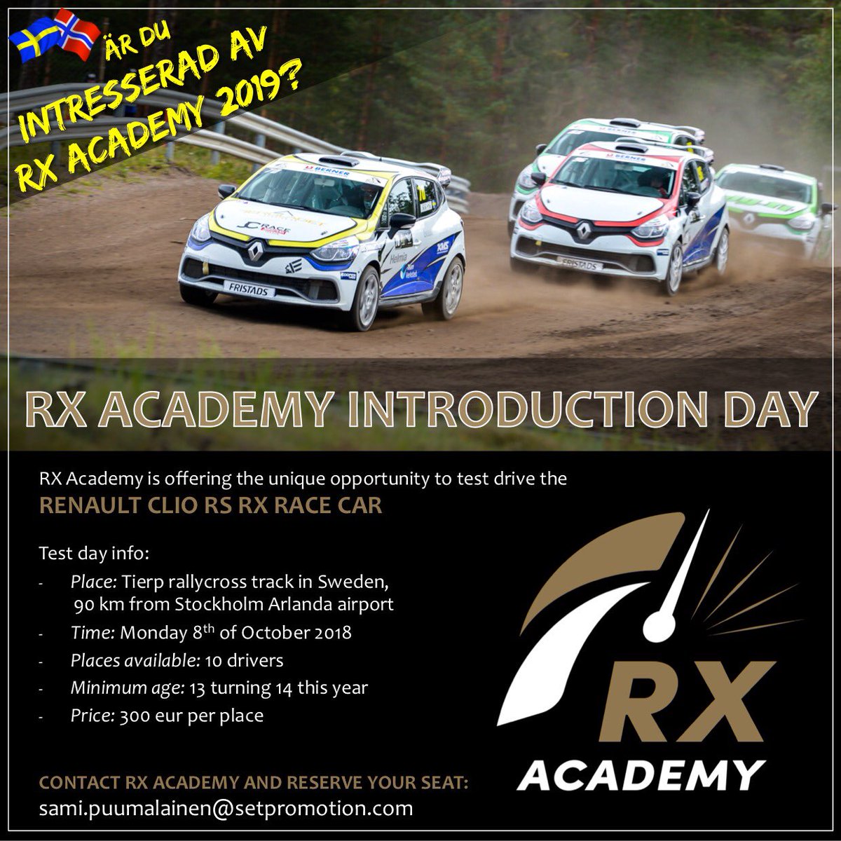 Want to find out more about #RXAcademy and drive the #ClioRSRX?

We’re holding a taster day at Tierp in Sweden on October 8.

More here ⬇️⬇️