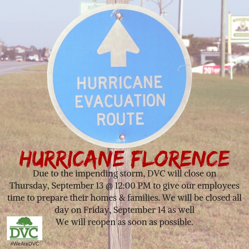 hardwoodplywood's tweet photo. Due to the impending hurricane, DVC will close today (9/13) at noon and will remain closed for the week. 
Employees, please check here and Facebook for updates.
#HurricaneFlorence  #StaySafe #WeAreDVC #DVCstyle https://t.co/7o6xs7BBvy