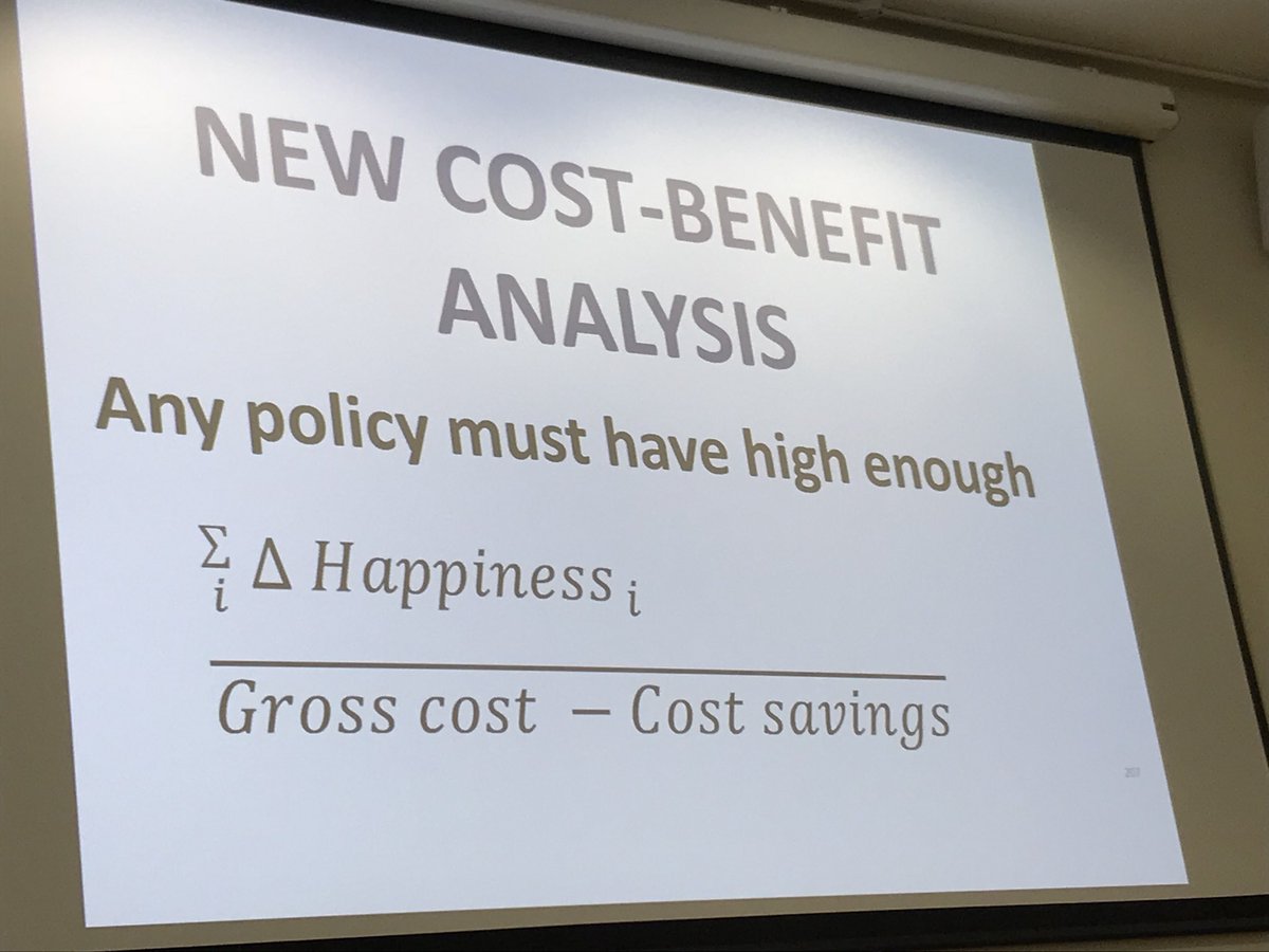Work_Life_You's tweet photo. We need a new method for assessing policies and we’re getting closer to be able to do this in terms of cost per units of life satisfaction. Small effects that affect a lot of people can have a big impact  #layard #Wellbeingconf2018 https://t.co/CGoRMVFpDx