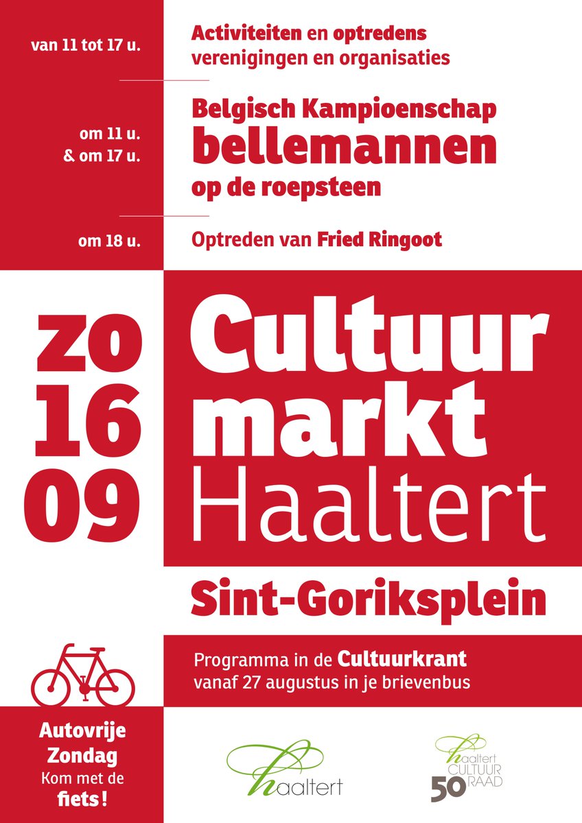 Kom zondag eens langs op #Cultuurmarkt #Haaltert op en rond het Sint-Goriksplein. Verenigingen stellen zich voor, diverse optredens, het Belgisch Kampioenschap bellemannen, bezoeken, enz. Meer op haaltert.be/cultuurmarkt