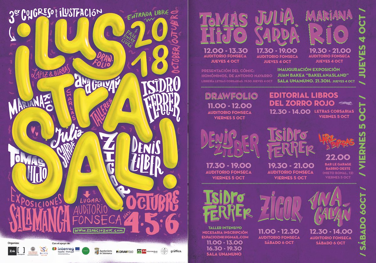 espacioznk's tweet photo. Ell programa completo de #ILUSTRASAL18
Inscripciones:  https://t.co/68ZBJwIbw0
EVENTO GRATUITO @SAC_Usal @VIIICentenario @LetrasCorsarias @LibrosZorroRojo @Drawfolio @Artemiranda1922 @zigor @deniszilber @AnaGalvan666 #JuliaSardá #isidroferrer #marianaria @tomashijo @aytoSalamanca https://t.co/U0JwSFxena