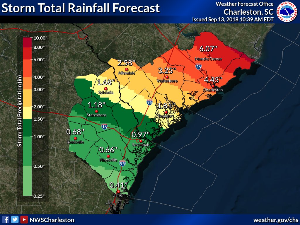 Here's our latest rainfall forecast through Monday afternoon in association with #HurricaneFlorence