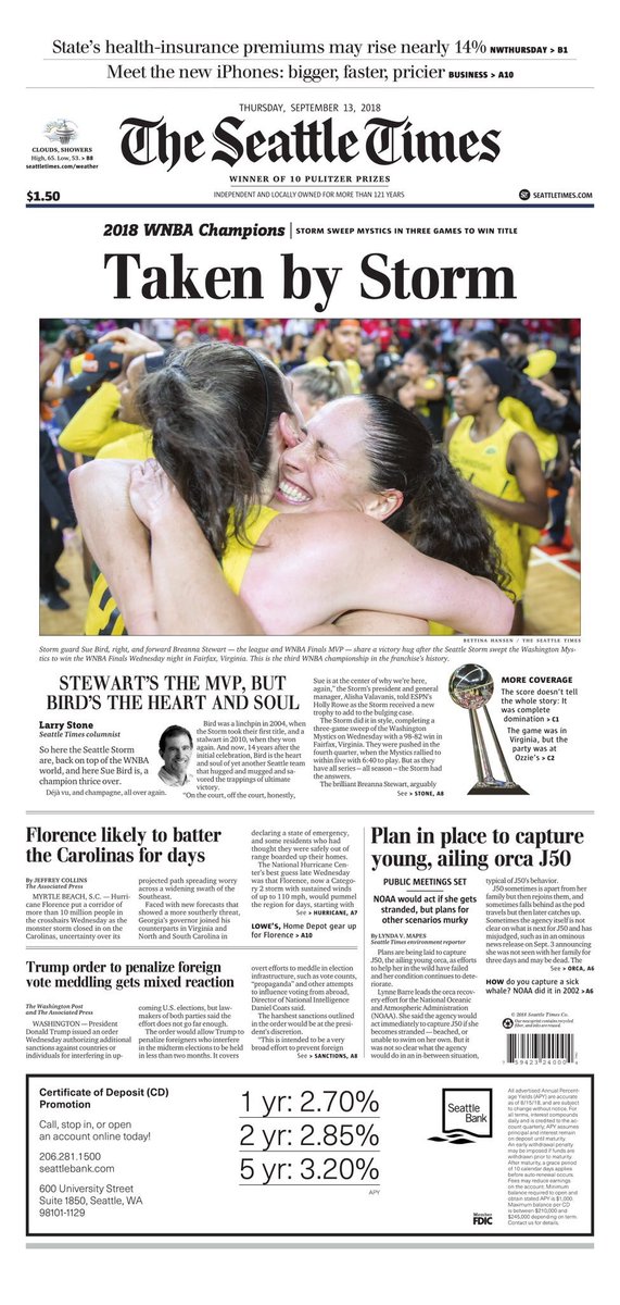 SportsFrontPage's tweet image. The Seattle Times after the Storm win the WNBA Championship