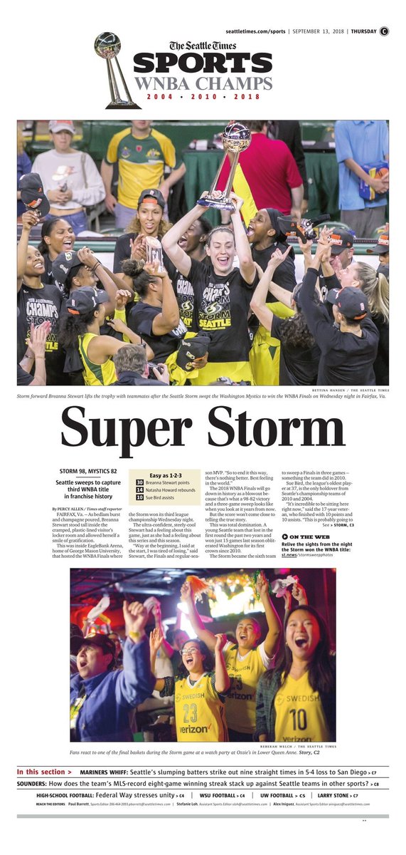 SportsFrontPage's tweet image. The Seattle Times after the Storm win the WNBA Championship