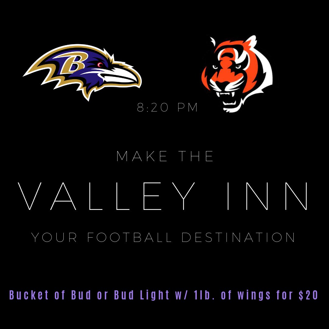 The Valley Inn (@thevalleyinnmd) on Twitter photo Tonight! Come in and watch your <a href="/Ravens/">Baltimore Ravens</a> take on the <a href="/Bengals/">Cincinnati Bengals</a>! Come in and get a bucket of <a href="/budlight/">Bud Light</a> and #wings 🏈!! #thursdaynightfootball #baltimore #food #drinks #beer Tonight! Come in and watch your <a href="/Ravens/">Baltimore Ravens</a> take on the <a href="/Bengals/">Cincinnati Bengals</a>! Come in and get a bucket of <a href="/budlight/">Bud Light</a> and #wings 🏈!! #thursdaynightfootball #baltimore #food #drinks #beer