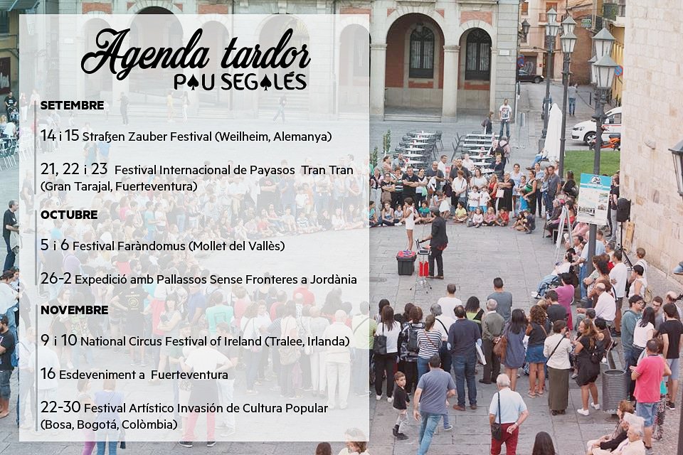 Començo avui la gira de tardor, ara mateix al aeroport a punt d'agafar un vol cap a Alemanya per fer 9 espectacles al festival Straßen Zauber Festival Weilheim! M'han confirmat dos espectacles més, el dia 18 de setembre i 2 d'octubre a l'Hotel Tahití Playa de Santa Susanna!