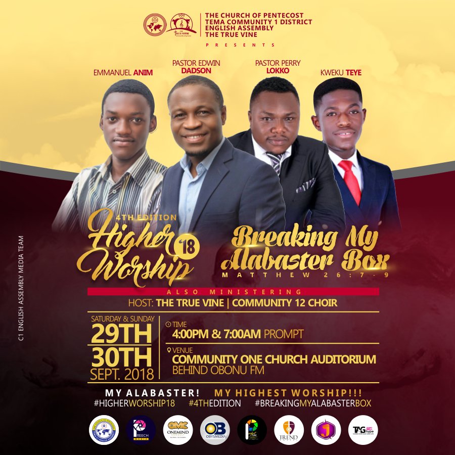 EmmanuelOAnim's tweet photo. #HigherWorship18
#4thEdition
#BreakingMyAlabasterBox
Join us a we enjoy the presence of God at 4th edition of HIGHER WORSHIP '18, themed Breaking My Alabaster Box - Matthew 26:7-9
π 29th & 30th September, 2018.
π 4pm/7am prompt
βͺ Community One church auditorium, Obonu fm. https://t.co/AgwqbPtEfO