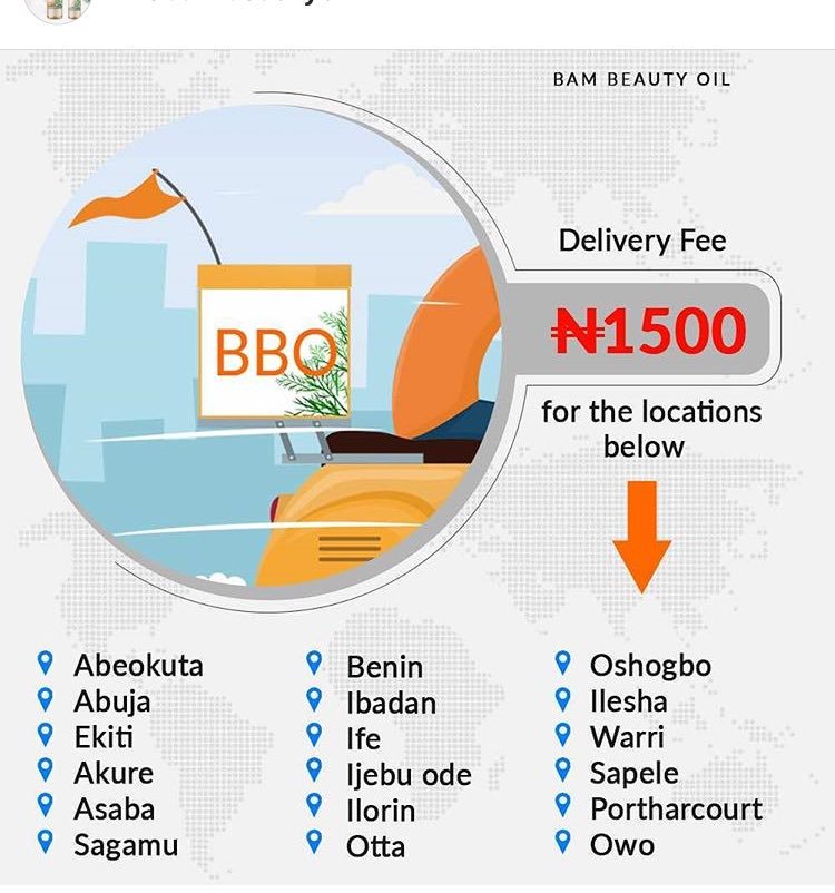 We currently ave distributors for over 18 locations in Nigeria, meanwhile pls if ur designation is not stated below.Kindly place ur order at the BambeautyOil on I.g and a distributor will be assigned to pick up ur package!.Very fast delivery 💯No more excuses! 
#bamteddy #bbnaija