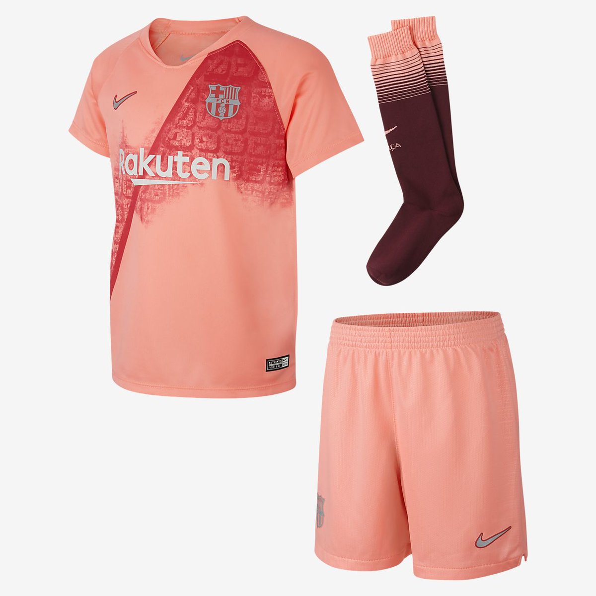 Tercera equipación del FC Barcelona, rompedora y llamativa.
Disponible para adulto, niño y bebé.