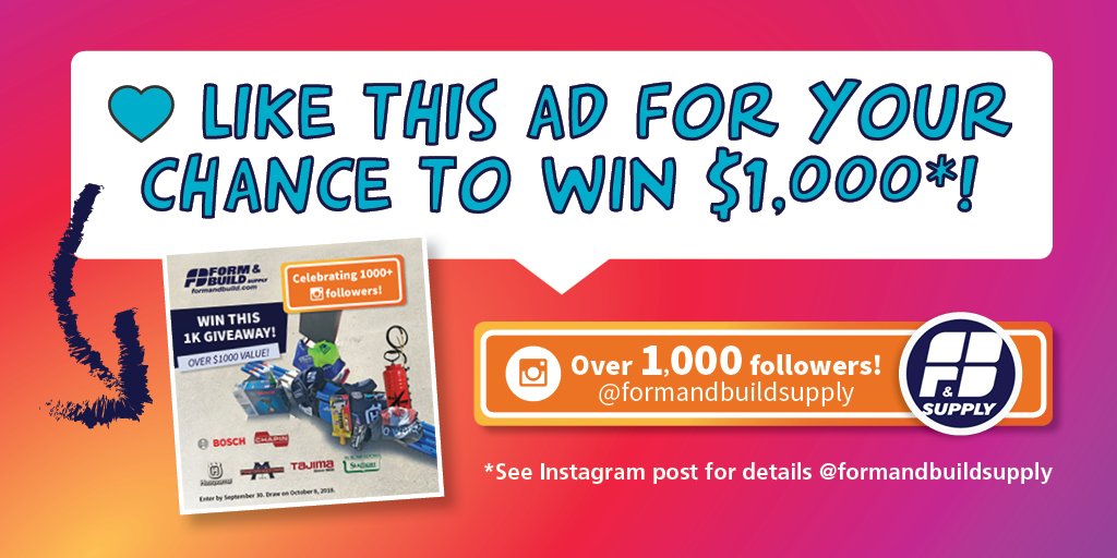 $1K GIVEAWAY!
@boschtoolscanada @chapinmfg @marshalltowncompany @husqvarnaca @tajimatoolus @formandbuildsupply
See contest rules @formandbuildsupply 
Contest entry ends Sept 30, 2018.
Contest draw Oct 8, 2018.

Like this Instagram-post to enter:
instagram.com/p/BnOrUONAcy1/…