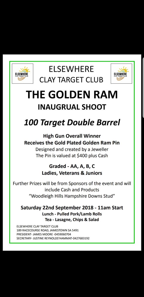 Woodleigh_Hills's tweet photo. Proud to be major sponsor of the inaugural " Golden Ram" 100 Target Double Barrel Championship Elsewhere Clay Target Club.
Jamestown SA 22nd Sept 2018
"Every Hampy has a Golden lining"
Gold Plated " Golden Ram" pin up for grabs. #claytargetclub https://t.co/cqh4thylgV