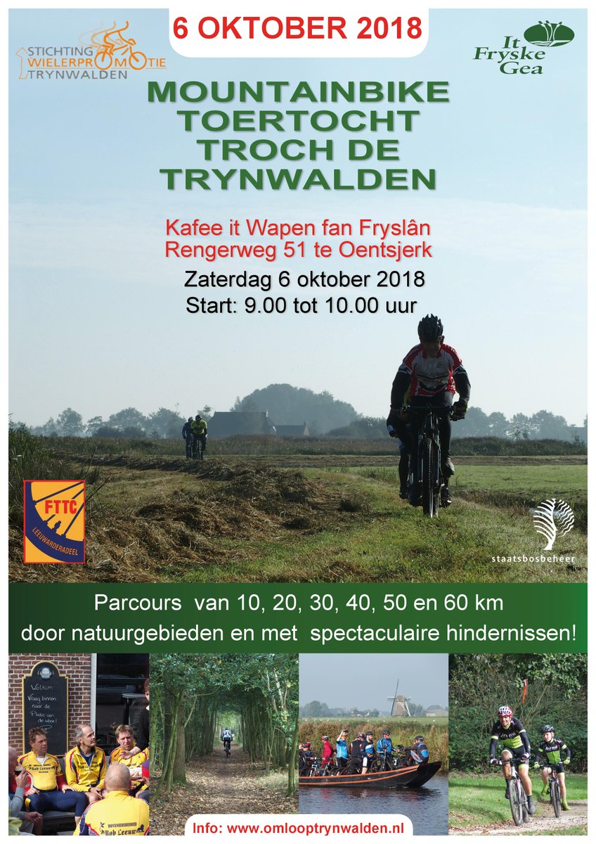 Zaterdag 6 oktober Mountainbike Toertocht Trynwâlden. Door waterrijk gebied, eenmalig speciaal voor deelnemers opengestelde natuurgebieden, met hindernissen en praamvaren inbegrepen. Afspuitplaats en bewaakte fietsenstalling aanwezig. Tot dan!?